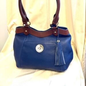😍🌻- Isaac Mizrahi Genuine Leather Shoulder Bag Purse Bag Navy Prussian Indig…